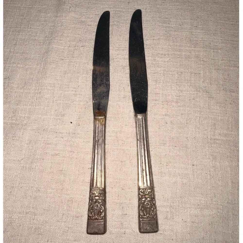 Vintage Ornate Silverplate Dinner Knives Stainless Blades Set of 2 Floral‎ 9.25